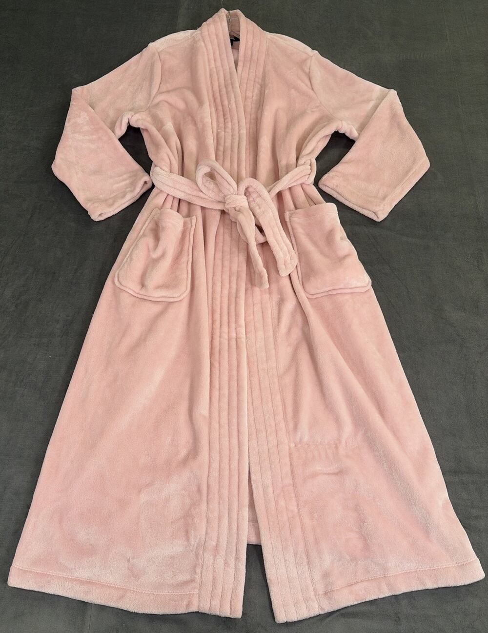 Lands End Cozy Plush Long Wrap Robe Belt PinkPatch Pockets Soft Womens XL 18